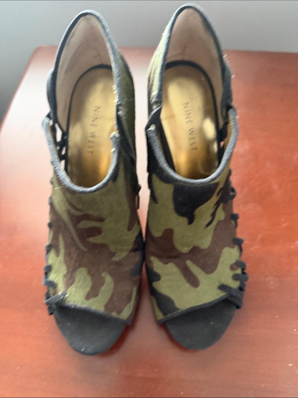Nine West Camo Peep-Toe Ankle Booties in Green and Brown